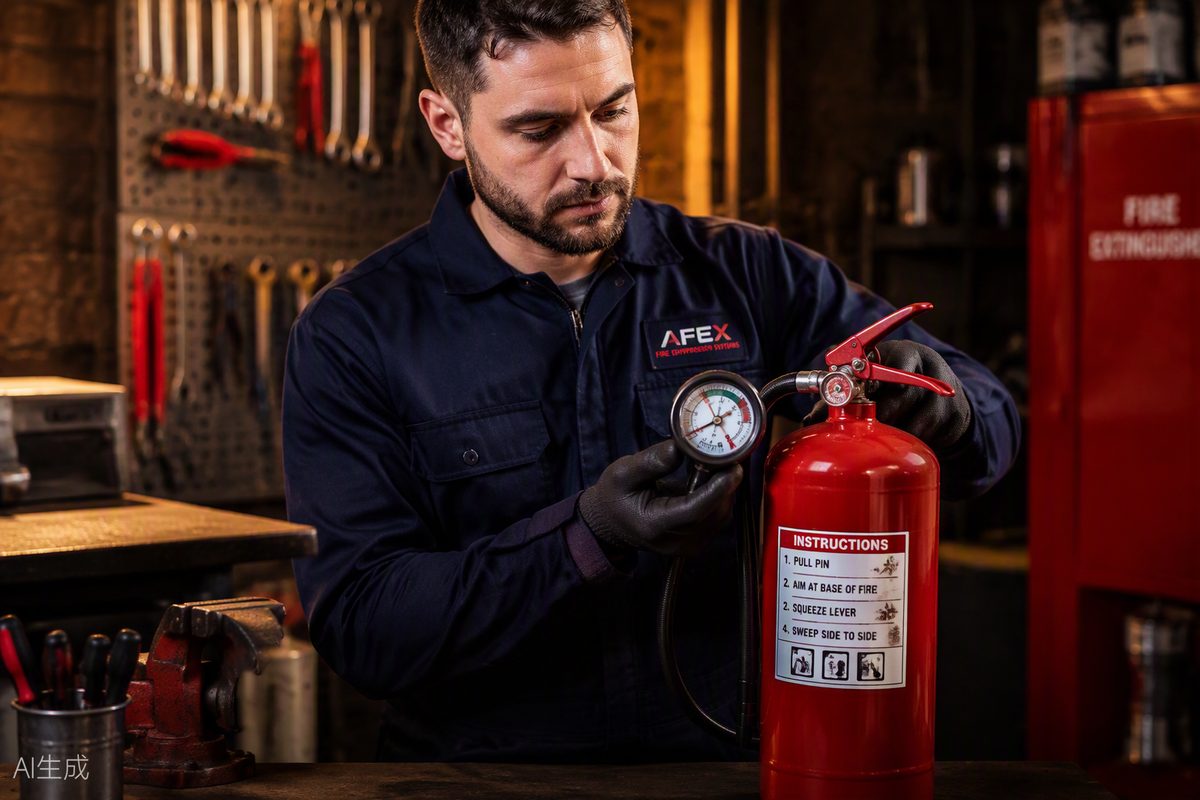 Shaya Fire technician servicing a portable fire extinguisher